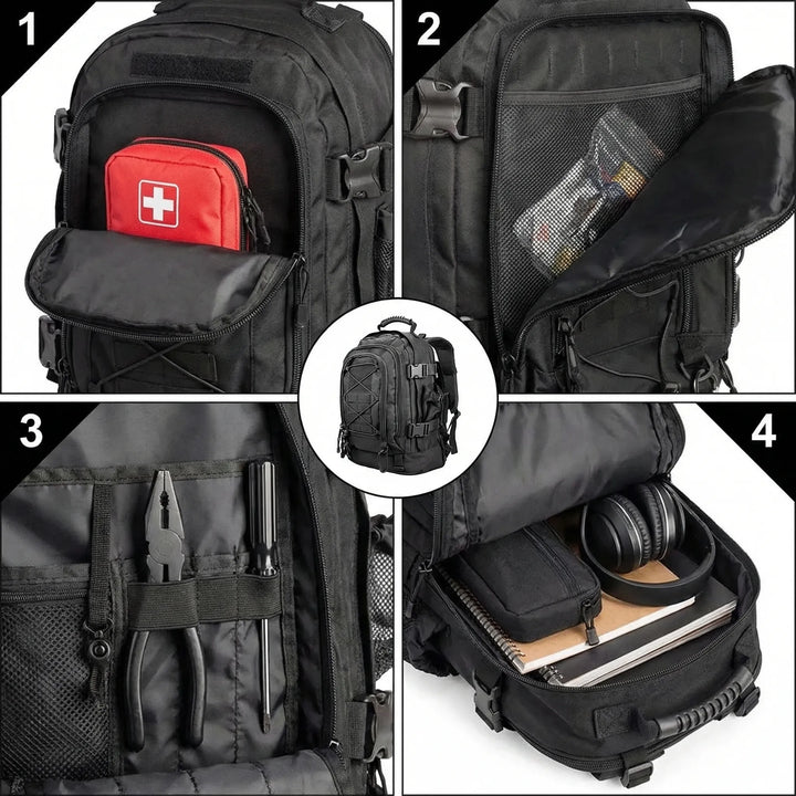 Ergonomiczny plecak taktyczny 65L z regulowanymi szelkami dla komfortu podczas wypraw trekkingowych i podróży.