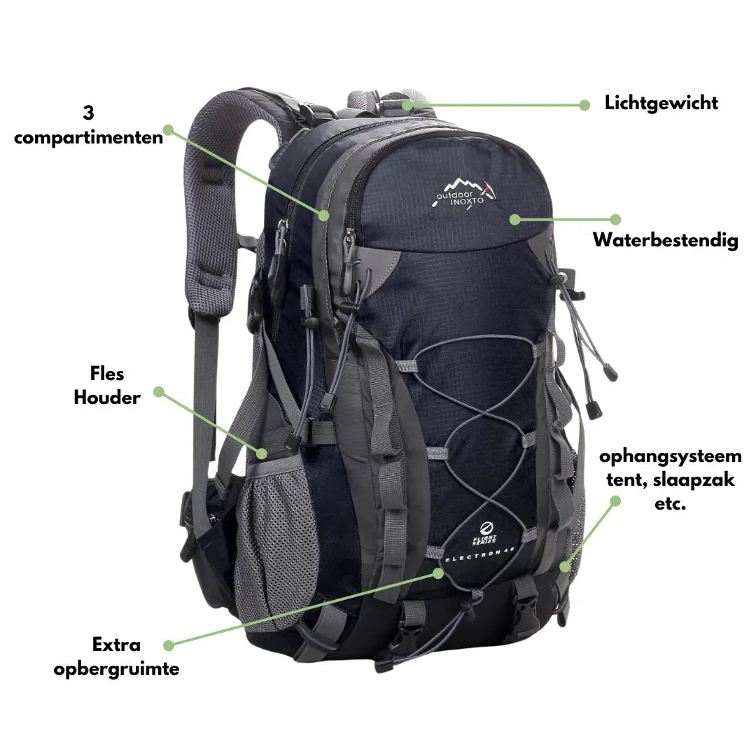 Czarny plecak turystyczny 40L ExplorerMax, komfortowy i pojemny, do podróży.