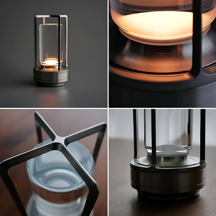 Elegancka czarna lampa stołowa LED, bezprzewodowa, z dotykowym sterowaniem, na akumulator.