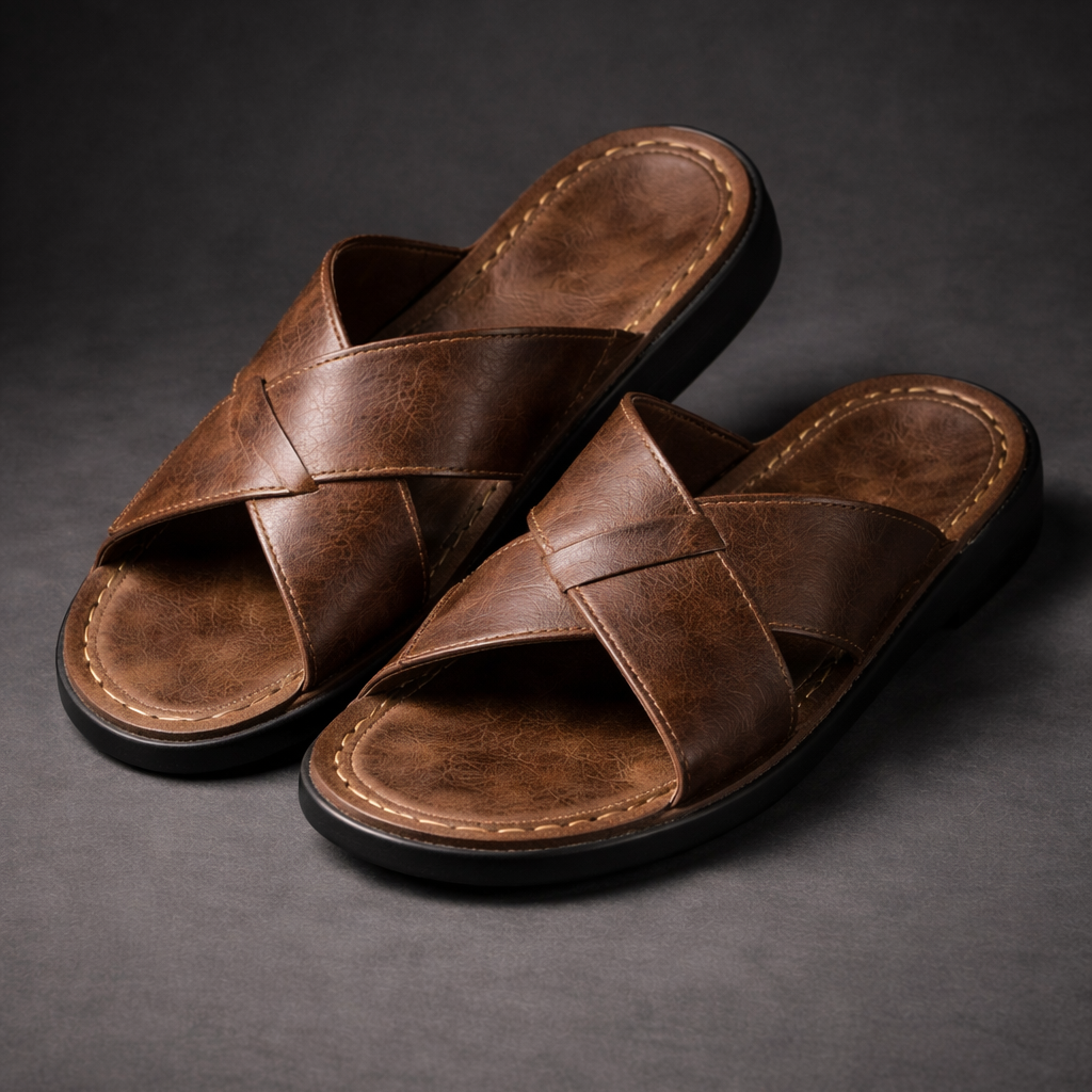 Brązowe męskie sandały skórzane z krzyżowymi paskami, idealne buty letnie casual