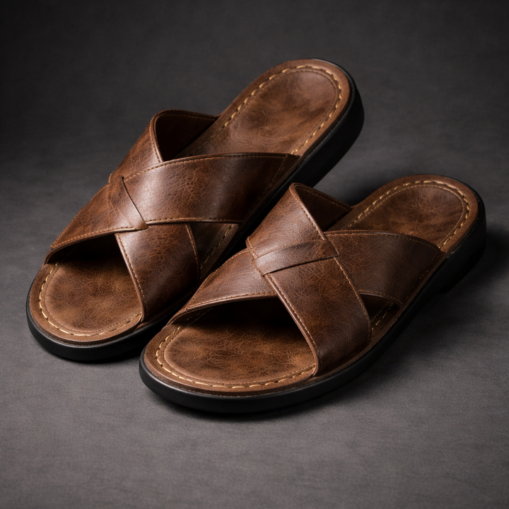 Brązowe męskie sandały skórzane z krzyżowymi paskami, idealne buty letnie casual