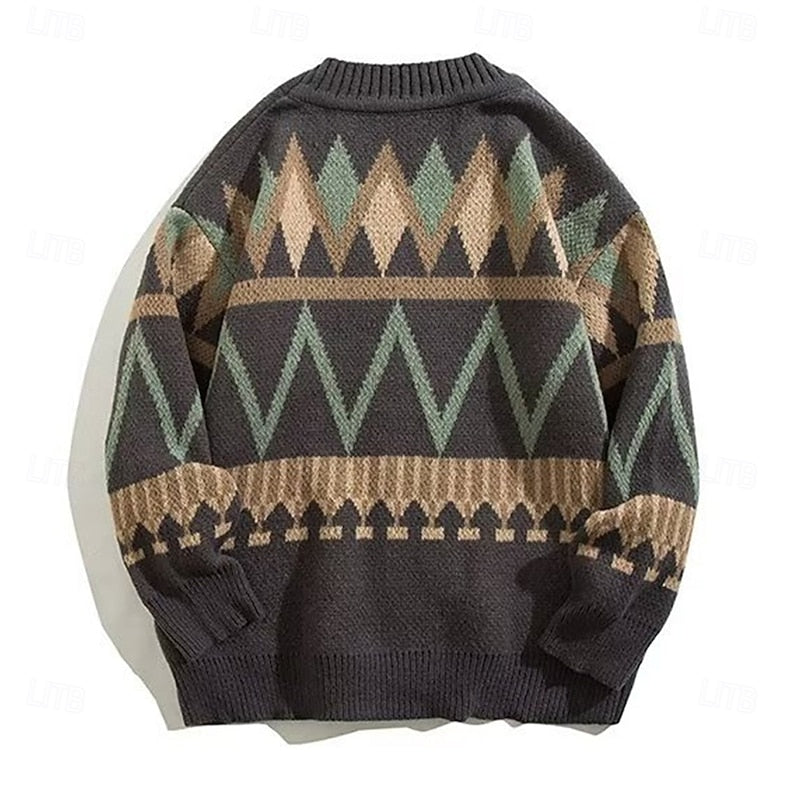 Modny sweter męski rozpinany, wzorzysty kardigan zimowy, zbliżenie