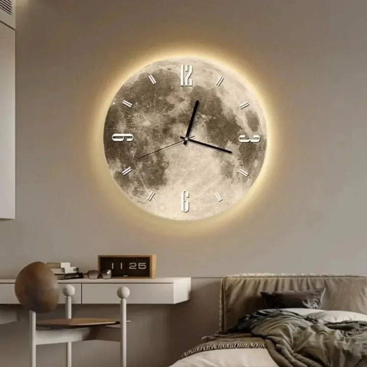 Stylowy zegar ścienny LED 'Nocne Niebo', tworzący magiczną atmosferę w nowoczesnym salonie.