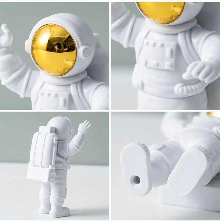 Zestaw trzech białych figurek astronautów, kosmiczna ozdoba. Nowoczesna dekoracja do pokoju dziecięcego, biurka.