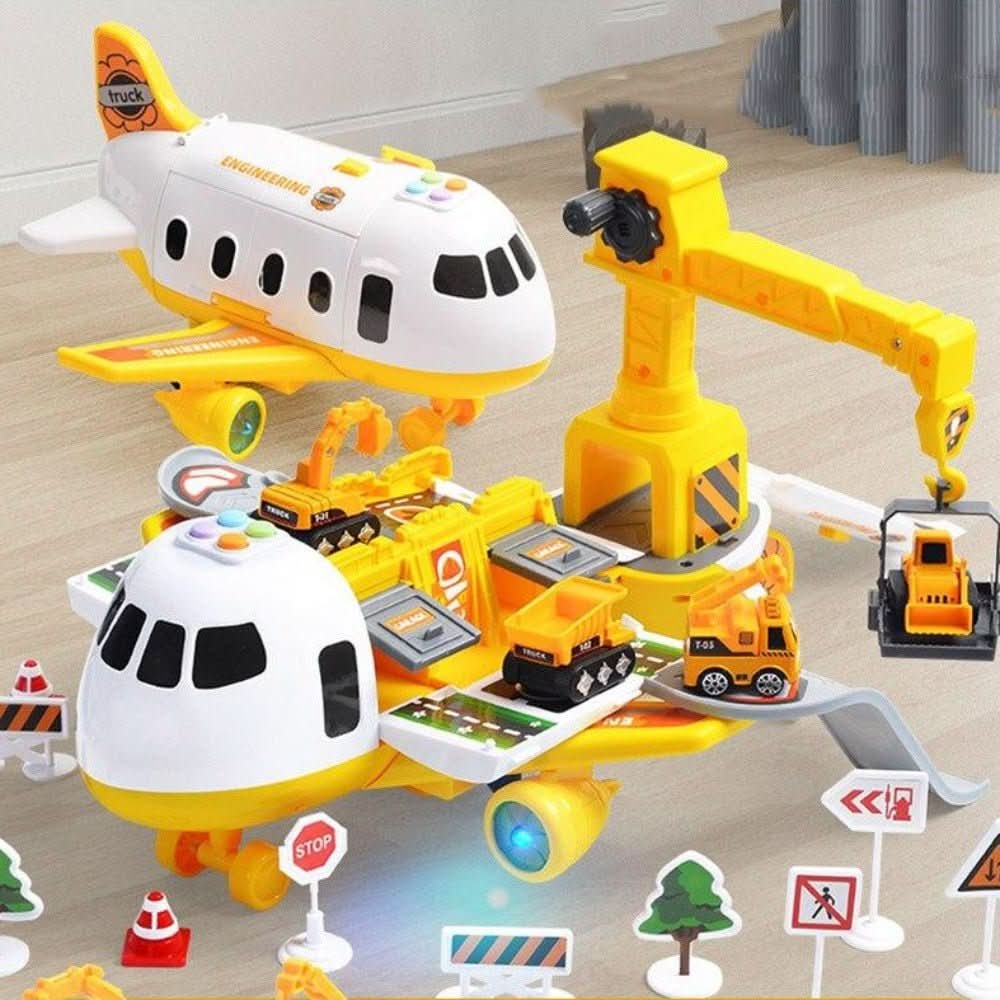 Różnorodne pojazdy z zestawu SkyQuest: Małe, plastikowe autka i figurki do zabawy, inspirujące do dziecięcych przygód.