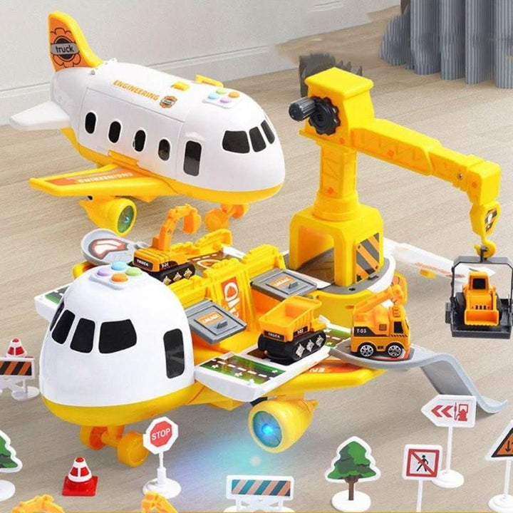 Różnorodne pojazdy z zestawu SkyQuest: Małe, plastikowe autka i figurki do zabawy, inspirujące do dziecięcych przygód.