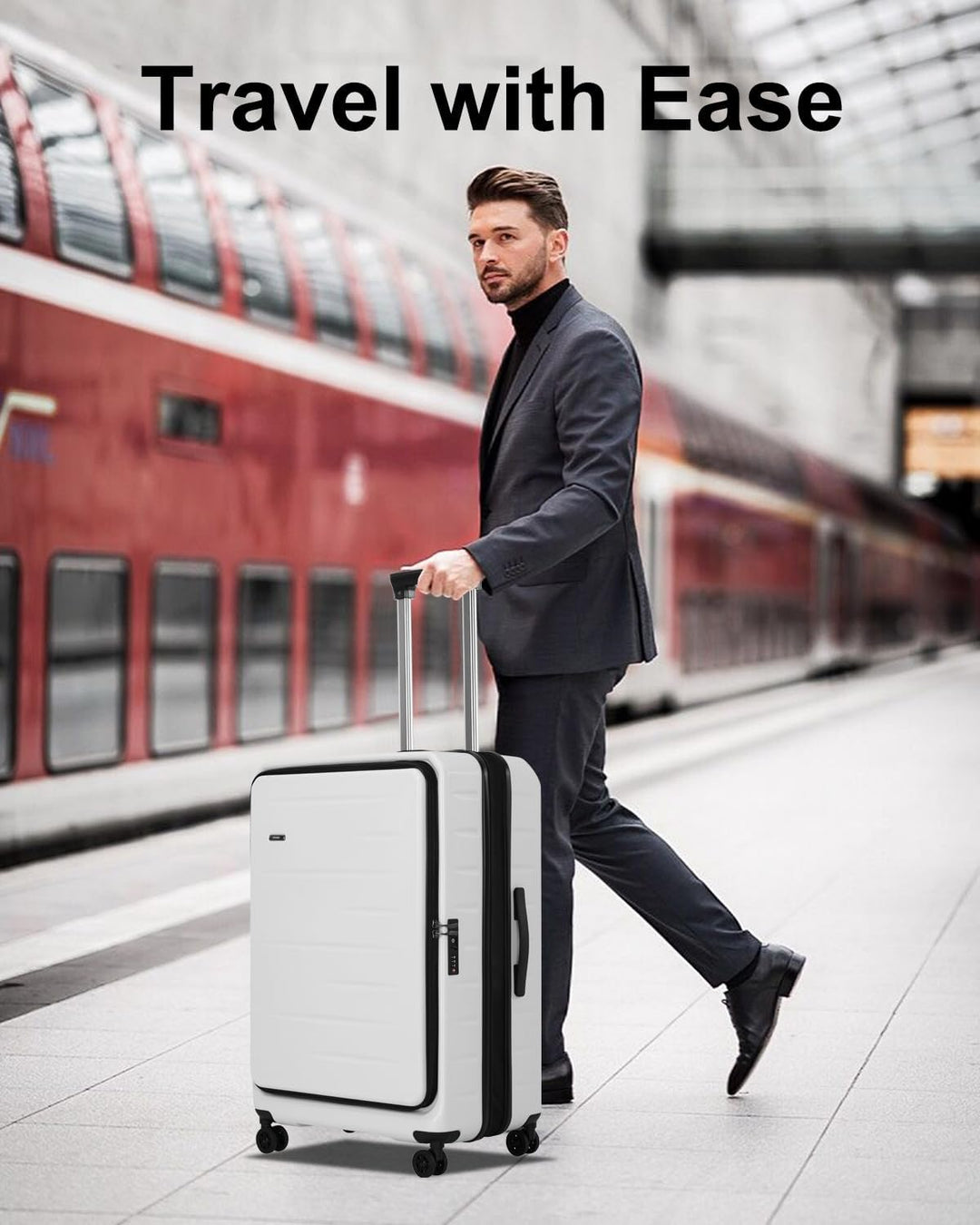 Lekka walizka podręczna z przednią kieszenią na tablet, zamek TSA, łatwa w transporcie.