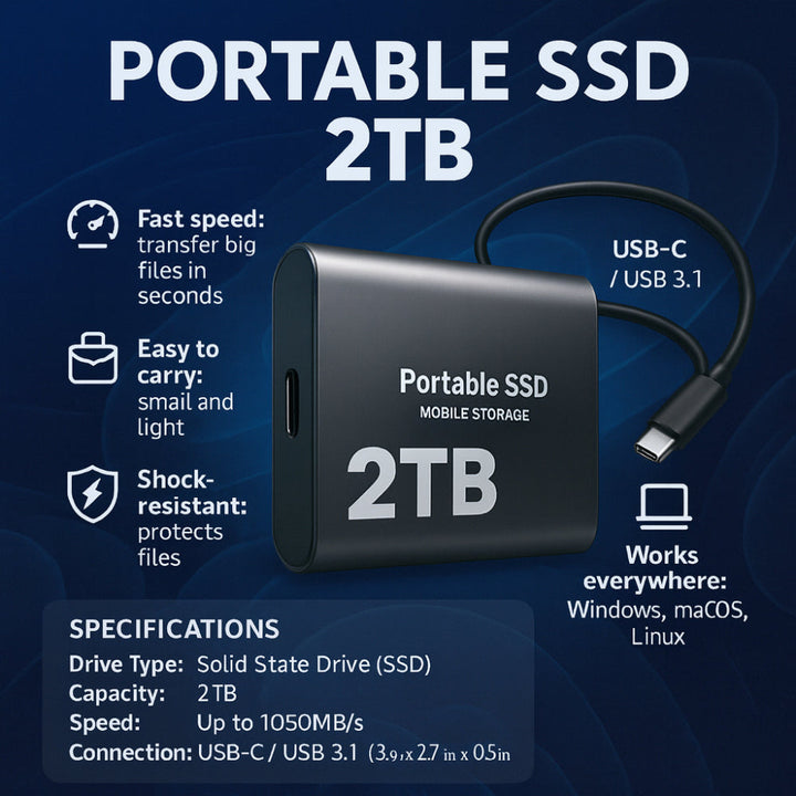 Pamięć zewnętrzna SSD 2TB do szybkiego przechowywania filmów, zdjęć i dokumentów. USB-C.