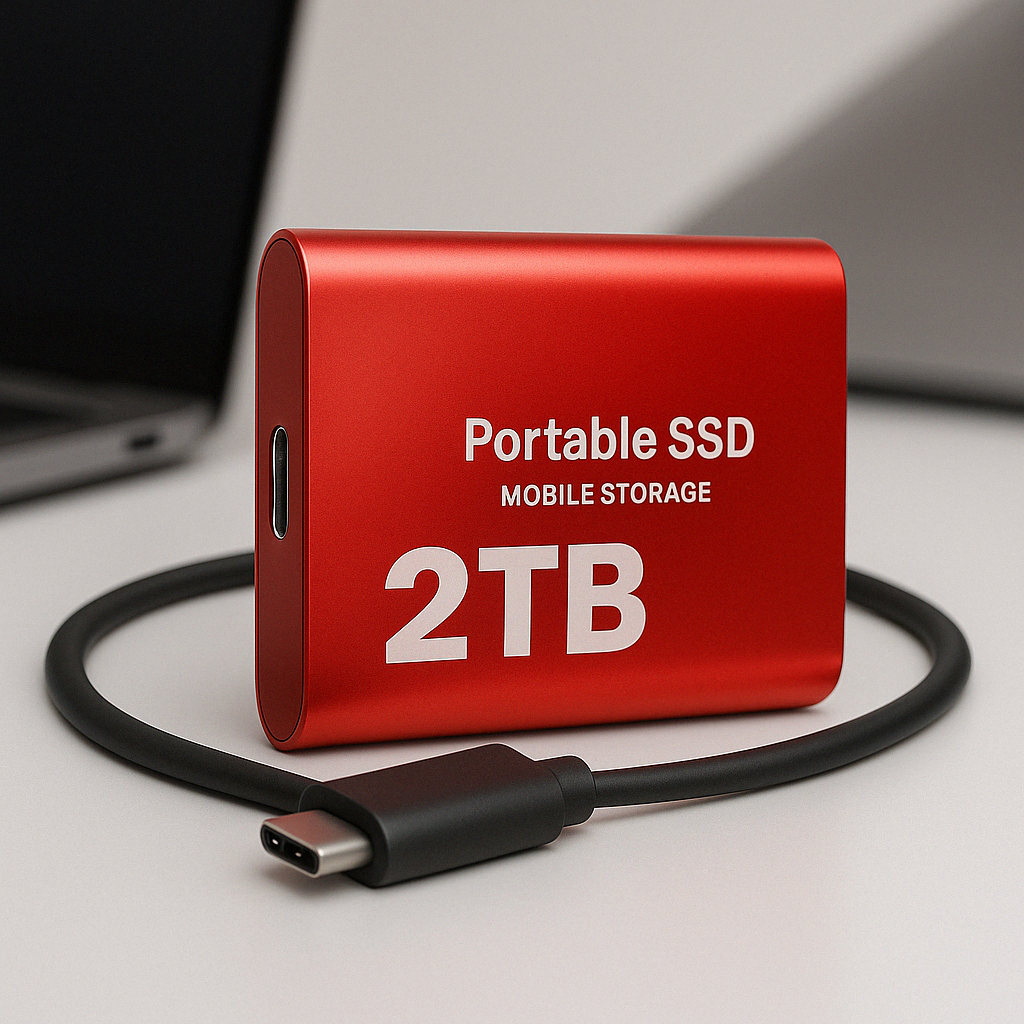 Kompaktowy i elegancki zewnętrzny dysk SSD 2TB USB-C, idealny do podróży i pracy zdalnej.