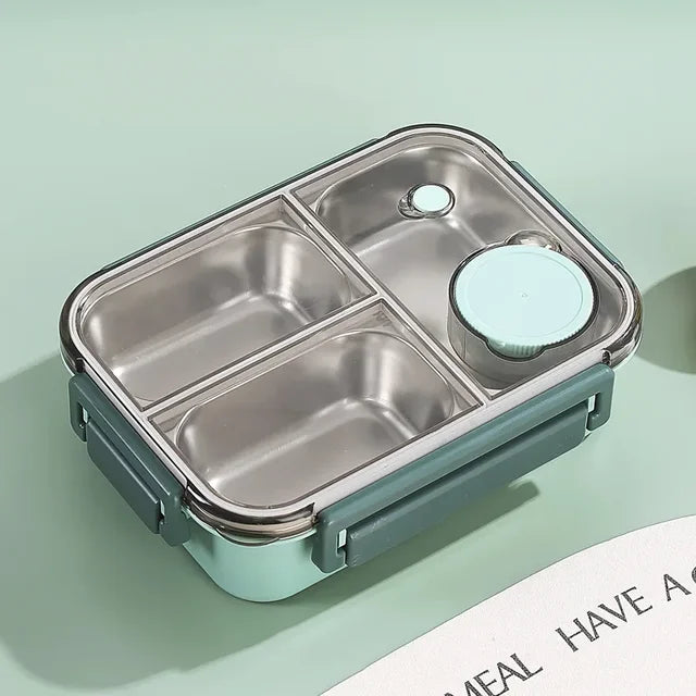 Zielona śniadaniówka bento izolowana z przegródkami, szczelna, idealna na lunch do pracy i szkoły.