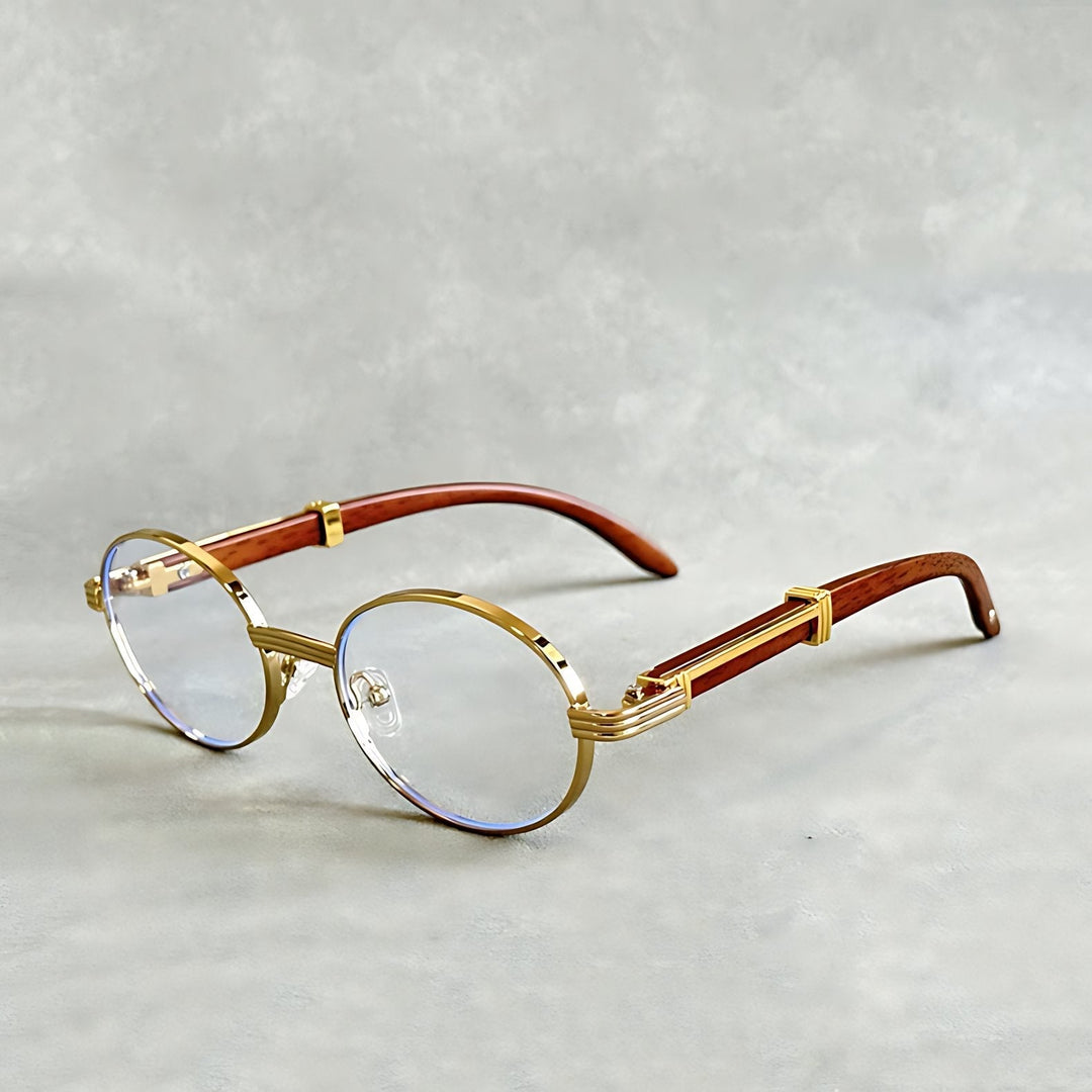Eleganckie damskie okulary przeciwsłoneczne Zofia z jasnymi soczewkami i złotą oprawą